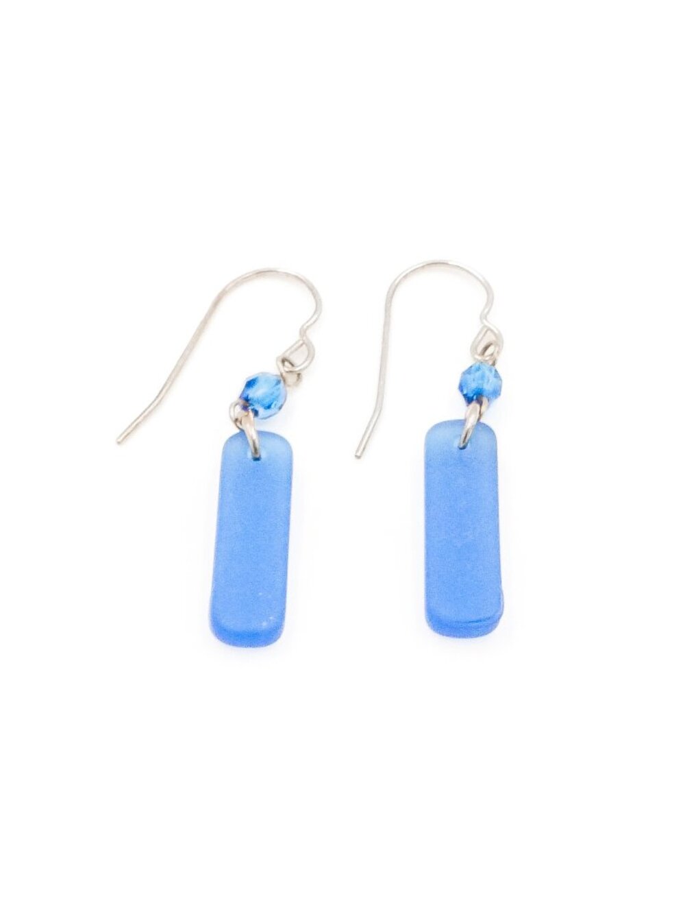 Sterling Silver Blue Sea Glass Dangle Earrings 1 1/2 Inches